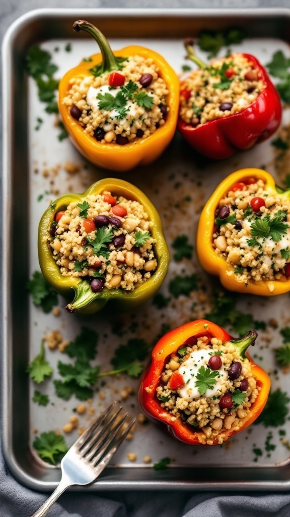 Colorful stuffed bell peppers filled with quinoa and beans.