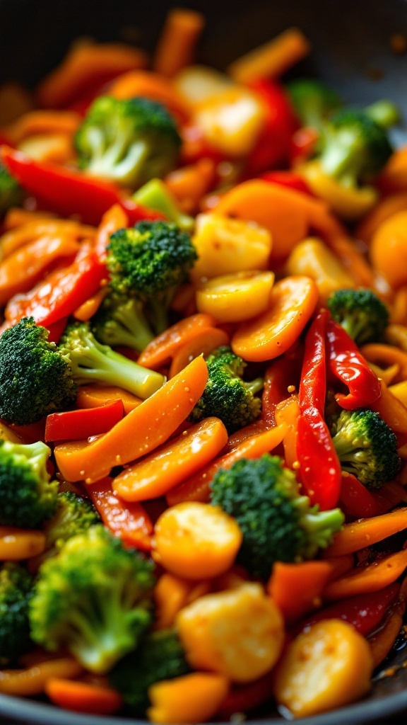 Colorful vegetable stir-fry with broccoli, carrots, and bell peppers.