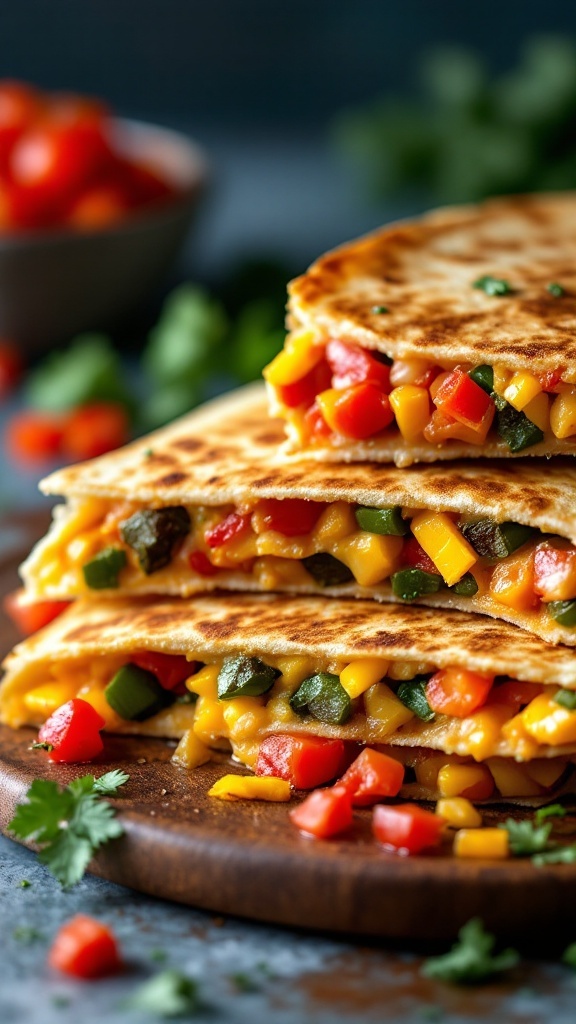 Vegetarian quesadillas with colorful bell peppers stacked on a wooden board.