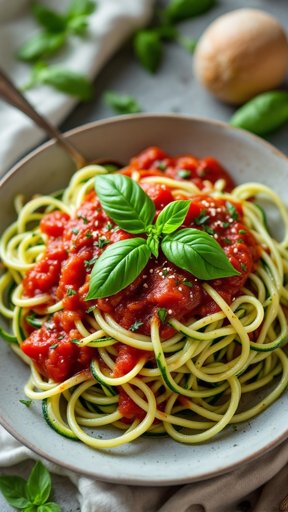 A plate of zucchini noodles topped with marinara sauce and fresh basil.