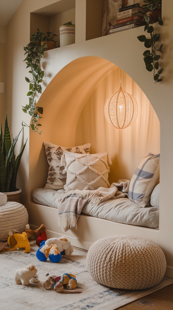 Cozy dog bed alcove with pillows, a blanket, and pet toys