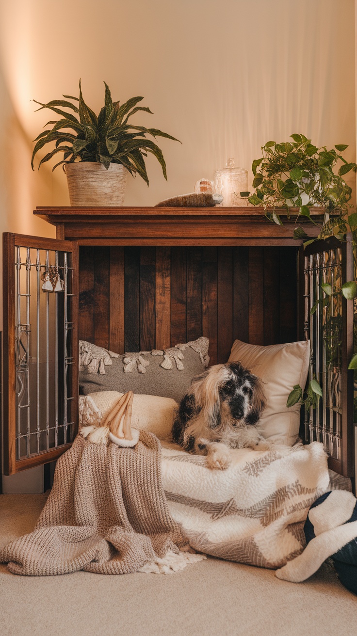 A cozy dog crate hideaway with pillows, blankets, and plants.