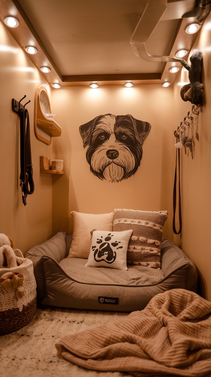 Cozy dog room corner with a plush bed, pillows, and a warm blanket, decorated with dog-themed artwork.