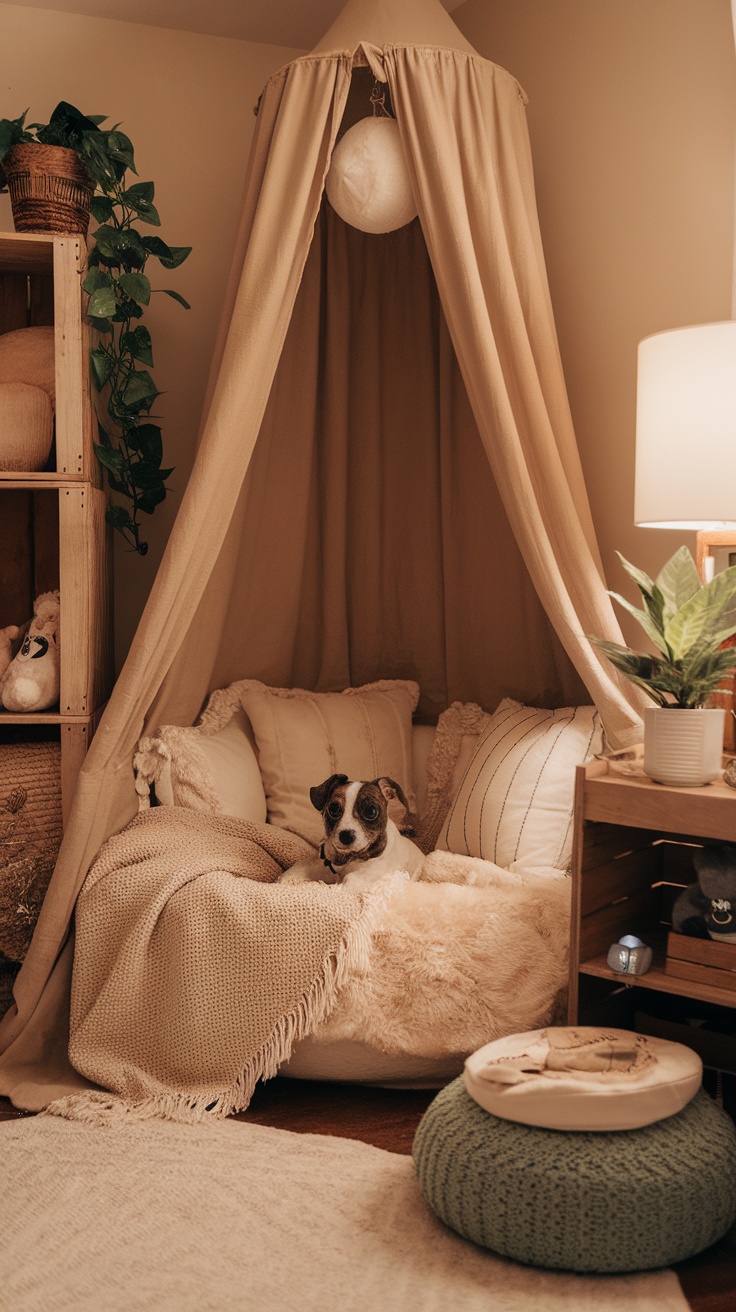 A cozy dog nook with a canopy, soft blankets, and pillows, featuring a small dog resting inside.