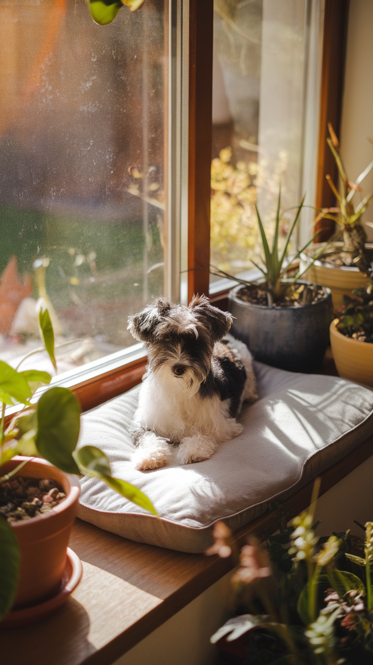 A small dog resting on a cozy perch by the window with plants around.