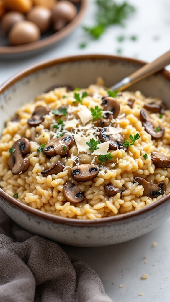 A delicious bowl of creamy mushroom risotto topped with parsley and cheese.