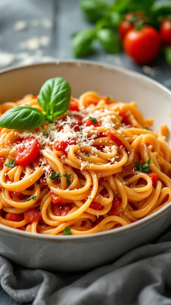 A bowl of creamy tomato basil pasta garnished with fresh basil and grated cheese.