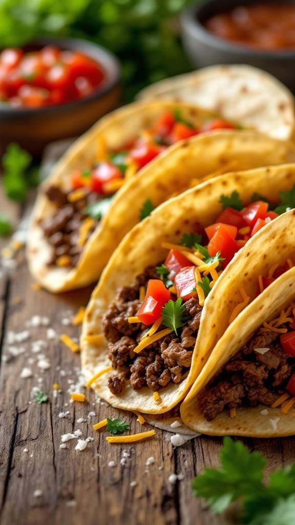 Tacos filled with seasoned beef, cheese, and fresh toppings resting on a wooden table.