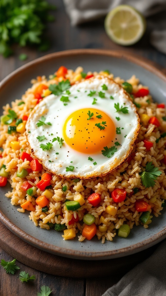 Plate of vegetable fried rice topped with a fried egg and fresh herbs.