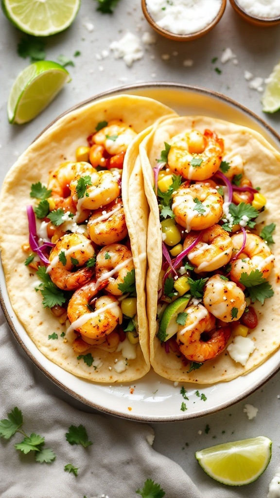 Delicious garlic butter shrimp tacos with fresh toppings.