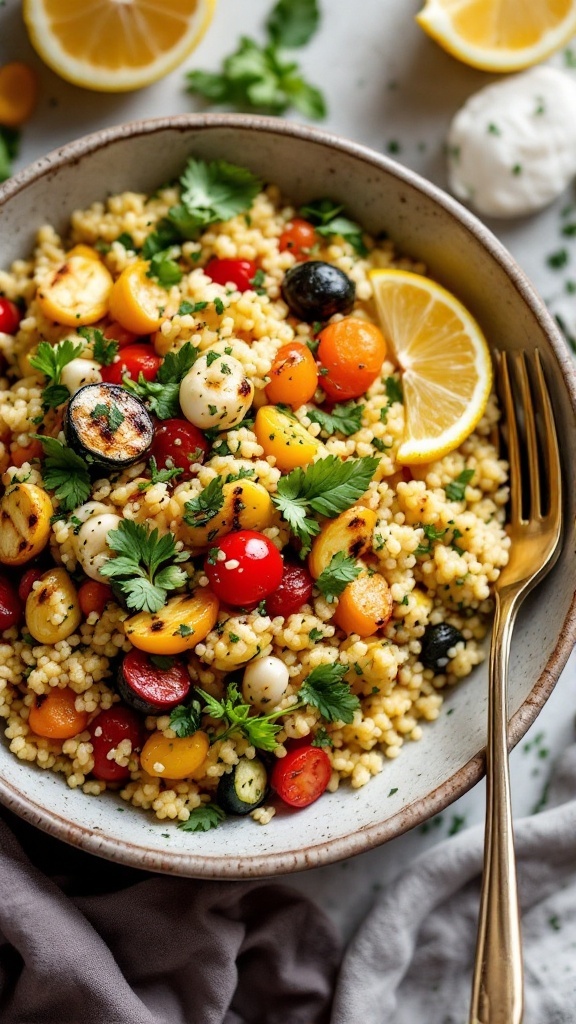 A bowl of lemon herb couscous with colorful grilled vegetables garnished with lemon slices.