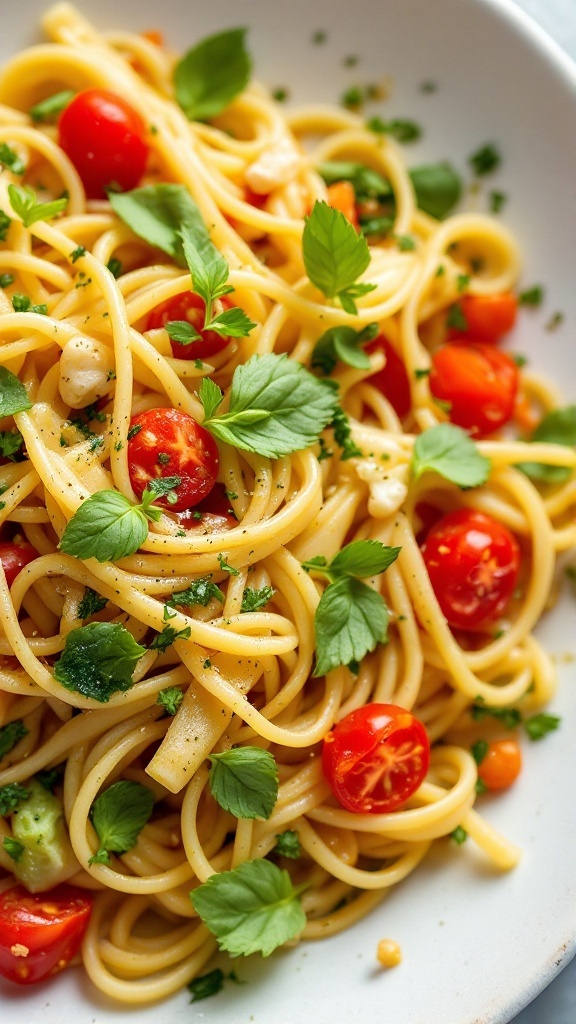 A delicious bowl of Pasta Primavera with seasonal vegetables.