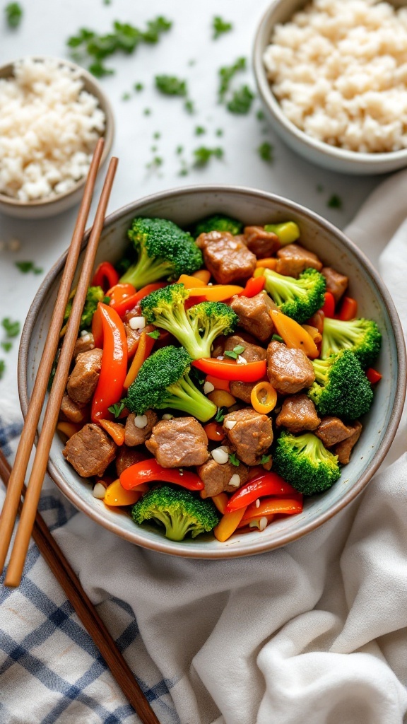 A bowl of beef stir-fry featuring broccoli and colorful bell peppers, served with chopsticks