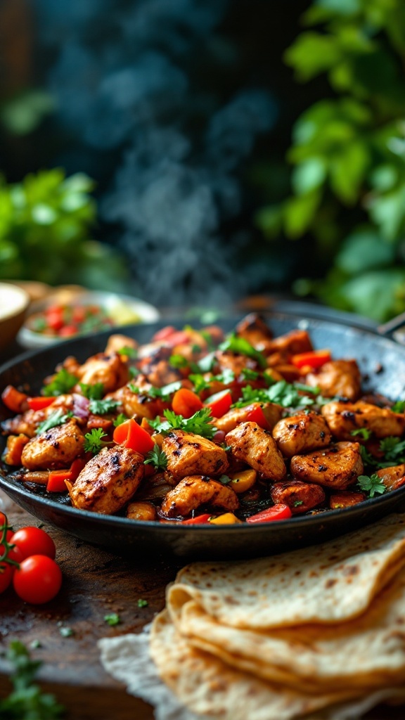 A skillet filled with colorful chicken fajitas, topped with fresh cilantro.