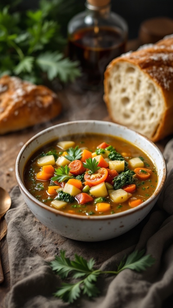 A bowl of colorful vegetable soup with crusty bread on the side