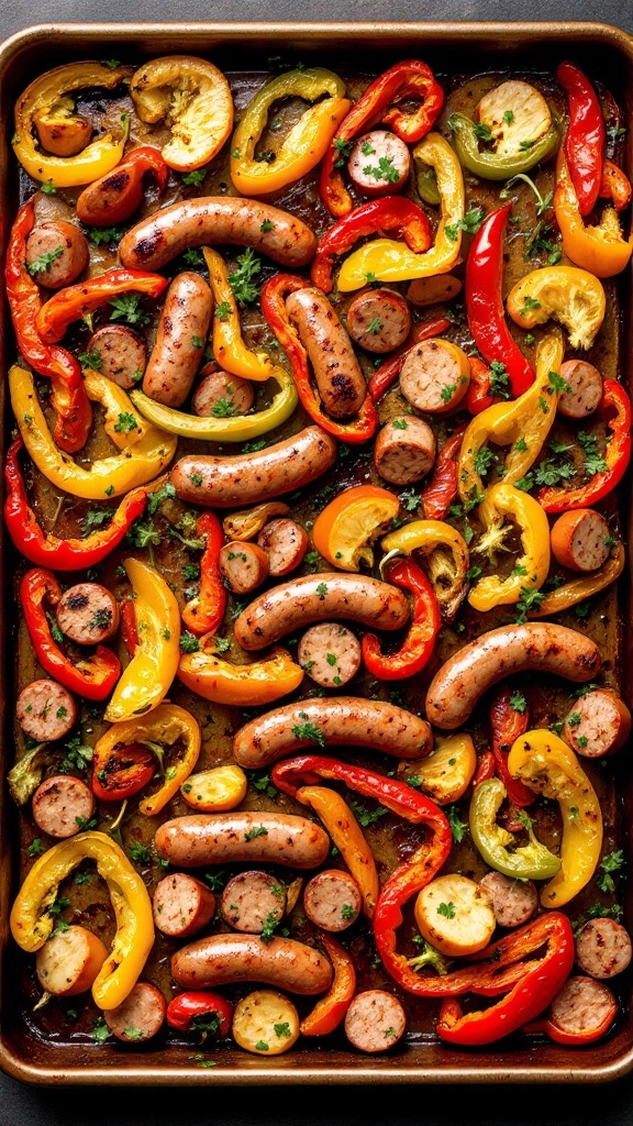 A colorful platter of roasted sausage and peppers on a sheet pan.