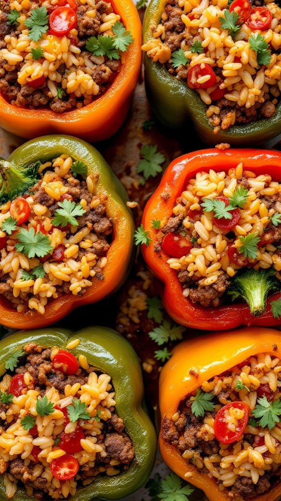 Colorful stuffed bell peppers filled with rice and meat, garnished with herbs
