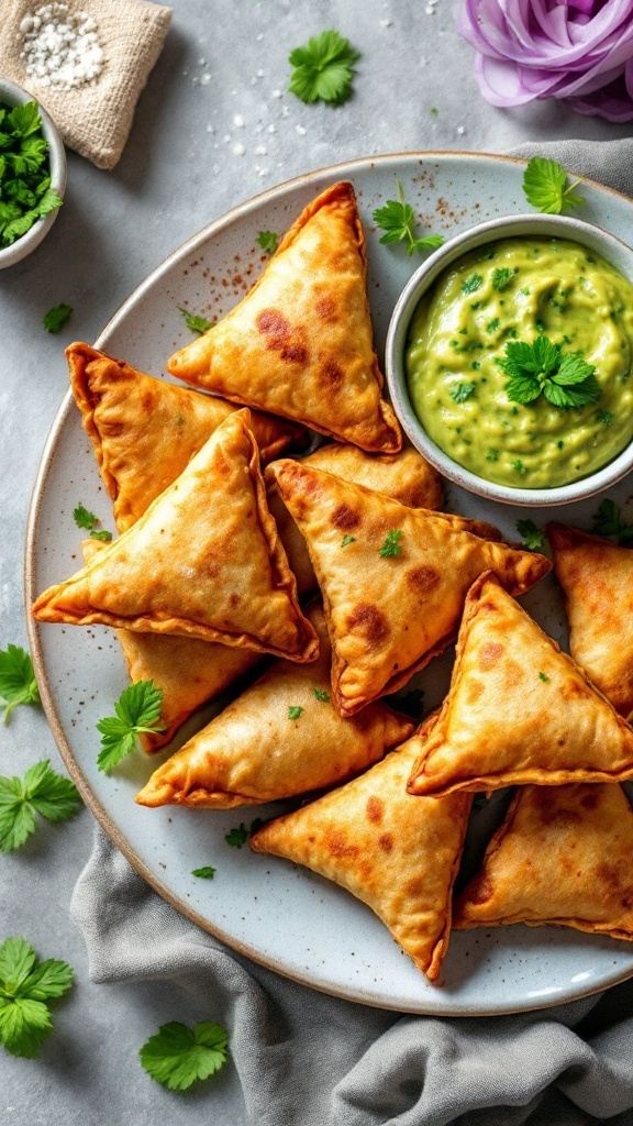 A plate of crispy vegetable samosas served with mint chutney.
