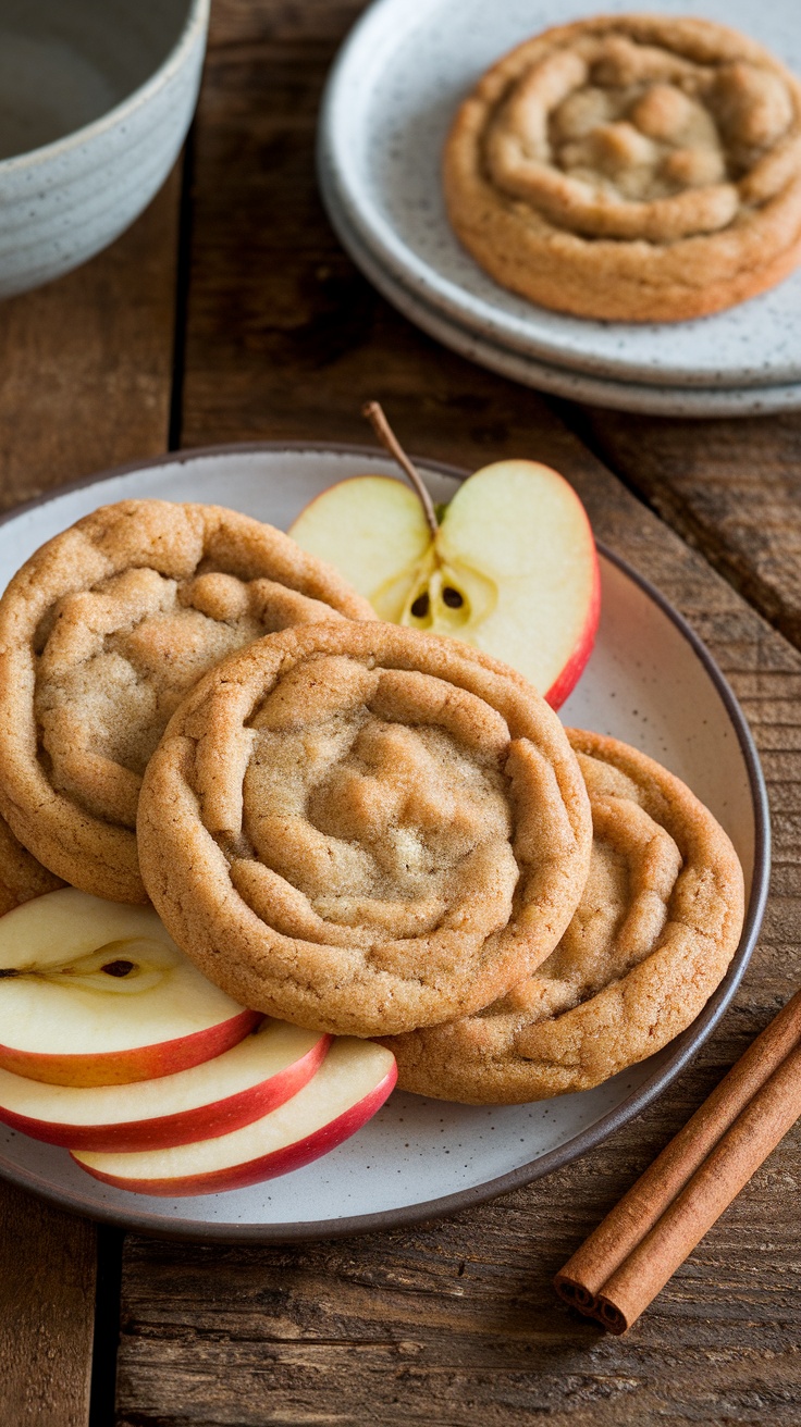 Delicious apple cinnamon cookies on a plate with apple slices and cinnamon sticks.