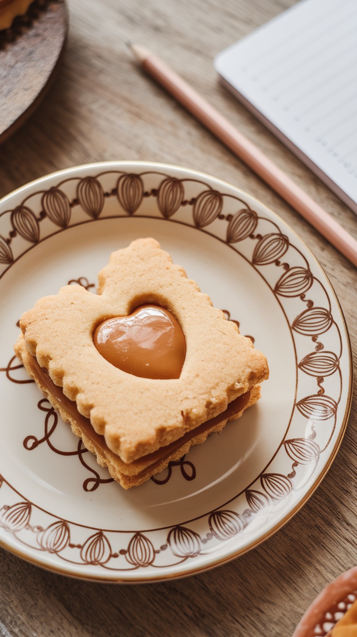 Delicious caramel stuffed shortbread cookies on a decorative plate.