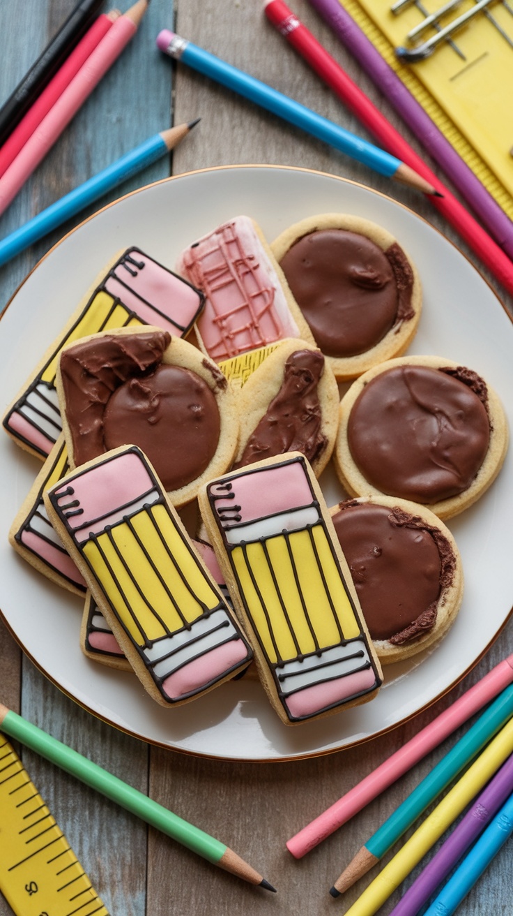 A plate of Chocolate Chip Surprise Cookies shaped like pencils and decorated with colorful icing.