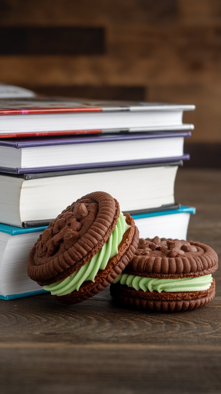 Chocolate mint cookie sandwiches on a wooden surface, with stacks of books in the background.