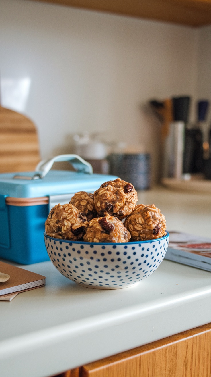 Healthy oatmeal raisin energy bites in a blue polka dot bowl