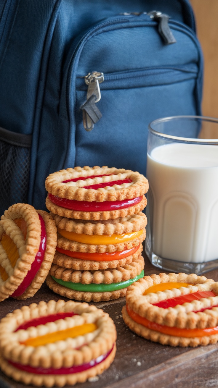 Peanut butter and jelly cookies stacked with a glass of milk