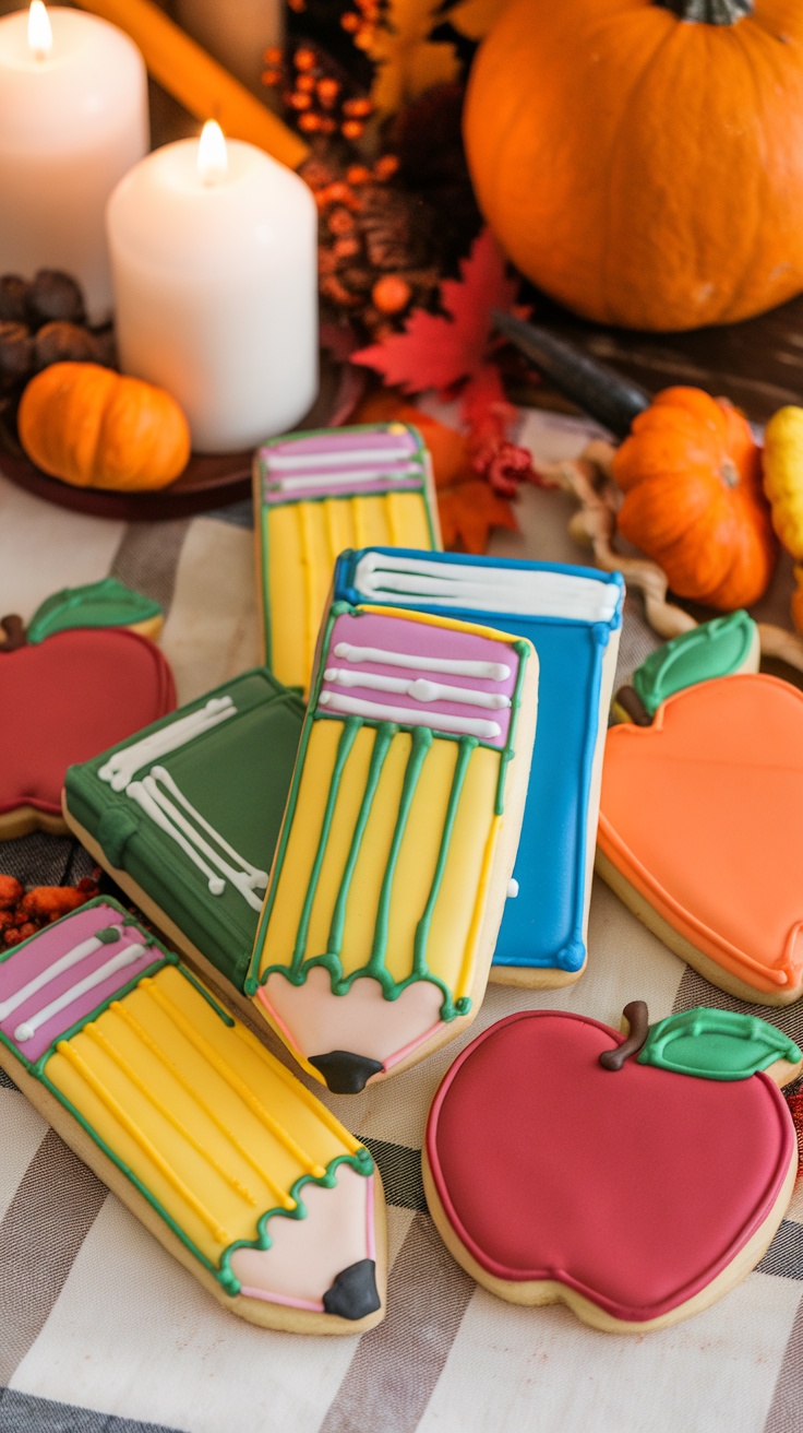 Decorated sugar cookies in the shape of apples, pencils, and books