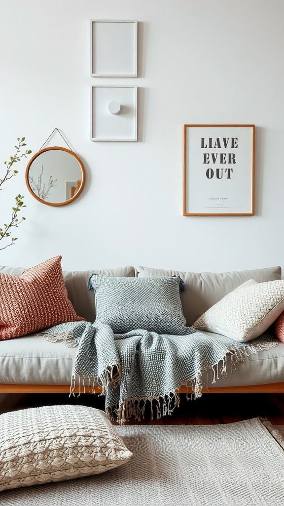 Cozy living room setup with a sofa, colorful cushions, a knitted throw, and a woven rug.