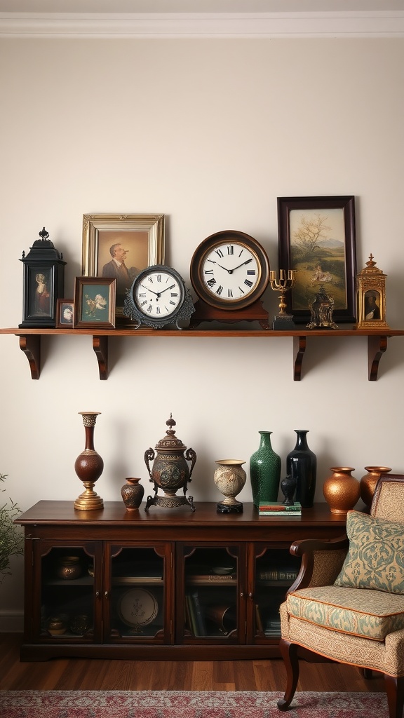 A collection of antique accessories including clocks, vases, and framed images on a wooden shelf and cabinet.