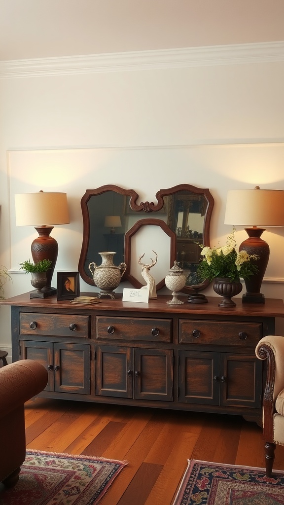 A rustic living room decor featuring a wooden sideboard adorned with antique vases, mirrors, and plants.