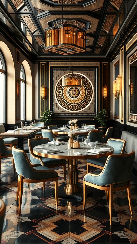 Art Deco style restaurant interior with elegant furniture and intricate ceiling design