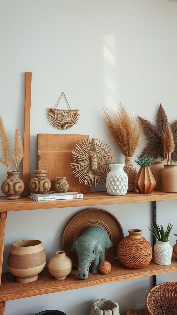 A collection of artisan-made home decor accents on wooden shelves, featuring vases, pots, and decorative items in earthy tones.