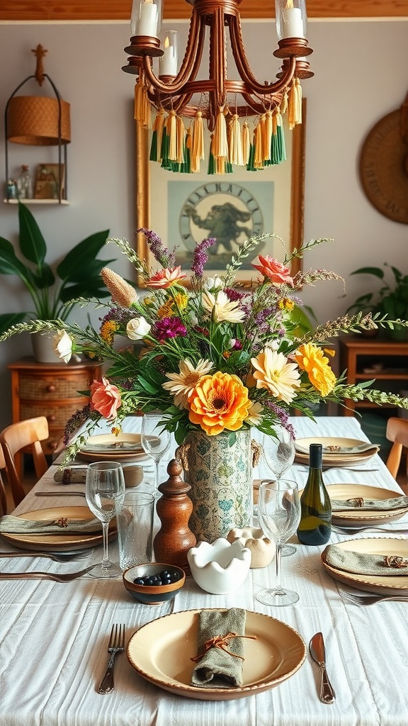 A beautifully set dining table featuring a large floral centerpiece, elegant tableware, and a cozy atmosphere.