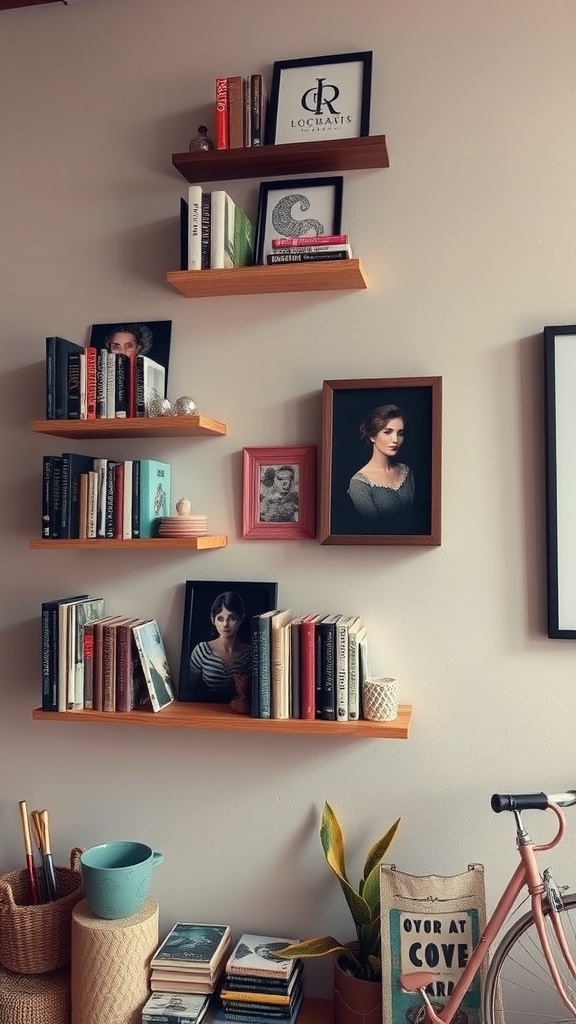 Artistic wall shelves displaying books and framed photos