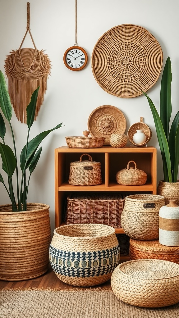 A collection of woven baskets in different sizes and styles arranged in a boho chic home decor setting.