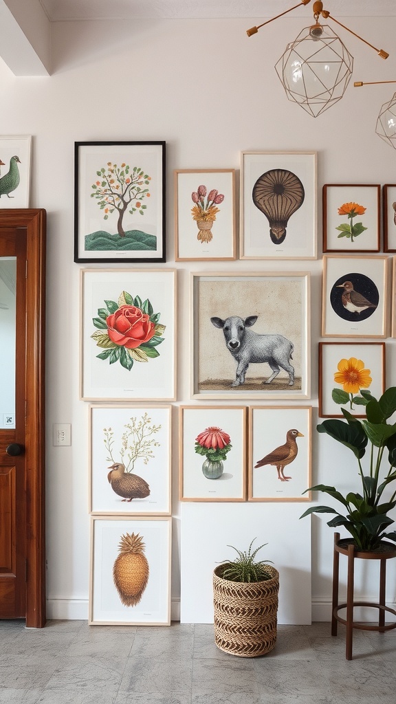 Gallery wall featuring various framed artworks including floral, animal, and nature motifs, alongside a potted plant.