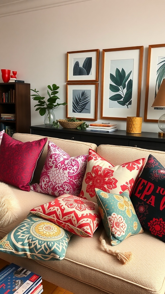 Colorful bohemian throw pillows on a couch with framed plant art in the background