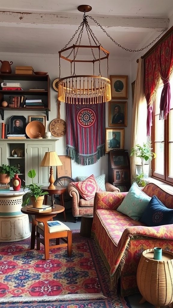 Cozy living room featuring Bohemian vintage decor, with vibrant textiles, eclectic furniture, and art pieces.