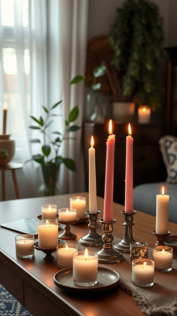 Cozy setup with various candles and incense holders on a wooden table, surrounded by plants