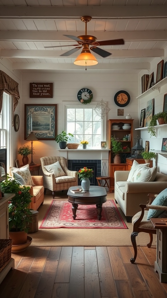 A cozy cottage living room with vintage furniture, plants, and warm lighting.