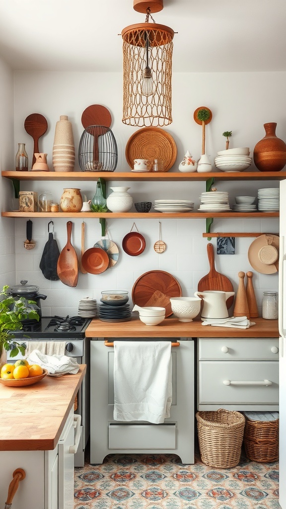 A cozy kitchen with open shelves displaying pottery and wooden utensils, featuring a hanging light fixture and a small plant.