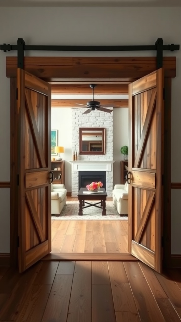 A view of a living room through open wooden barn doors, showcasing cozy seating and a fireplace.