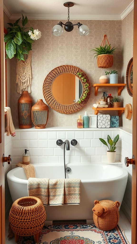 Chic boho-style bathroom featuring a freestanding tub, woven baskets, greenery, and decorative accents.