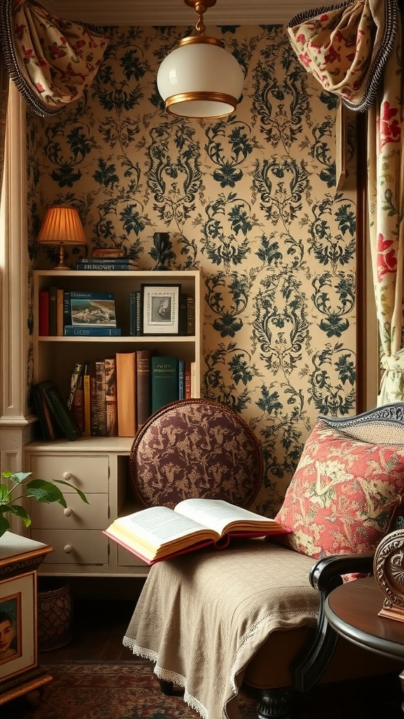 Cozy reading nook with vintage textiles and decor.