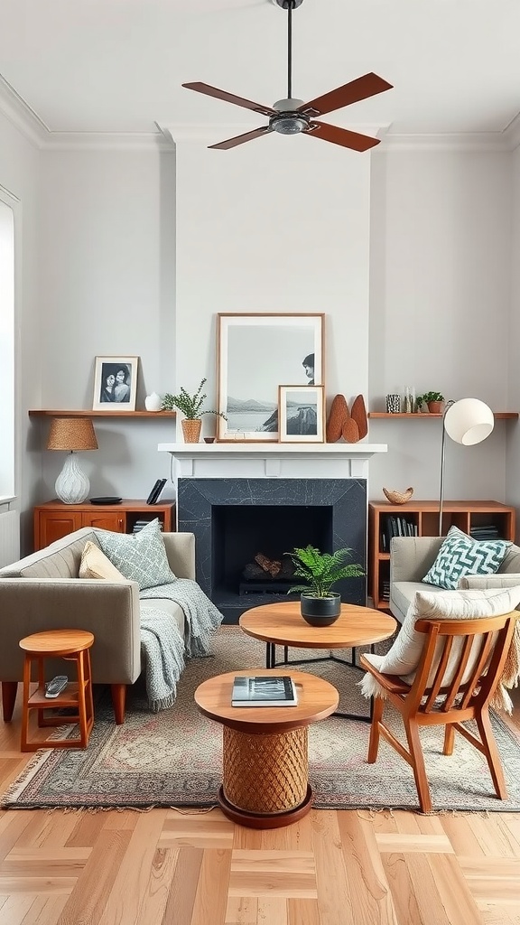 A cozy Scandinavian living room with a neutral color palette, wooden furniture, and decorative plants