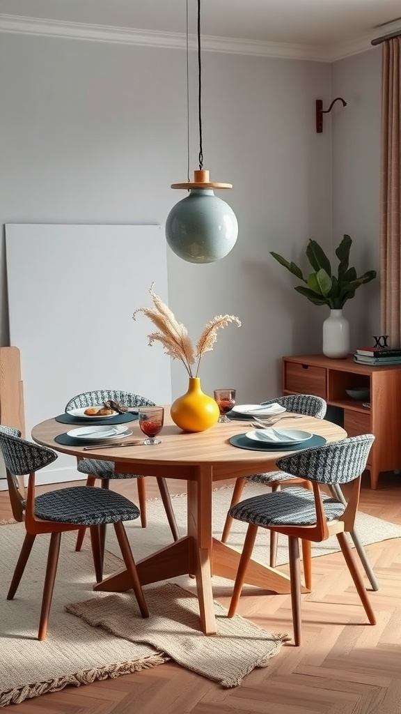 A cozy Scandinavian dining area featuring a round wooden table, stylish chairs, a bright yellow vase with dried flowers, and a pendant light.