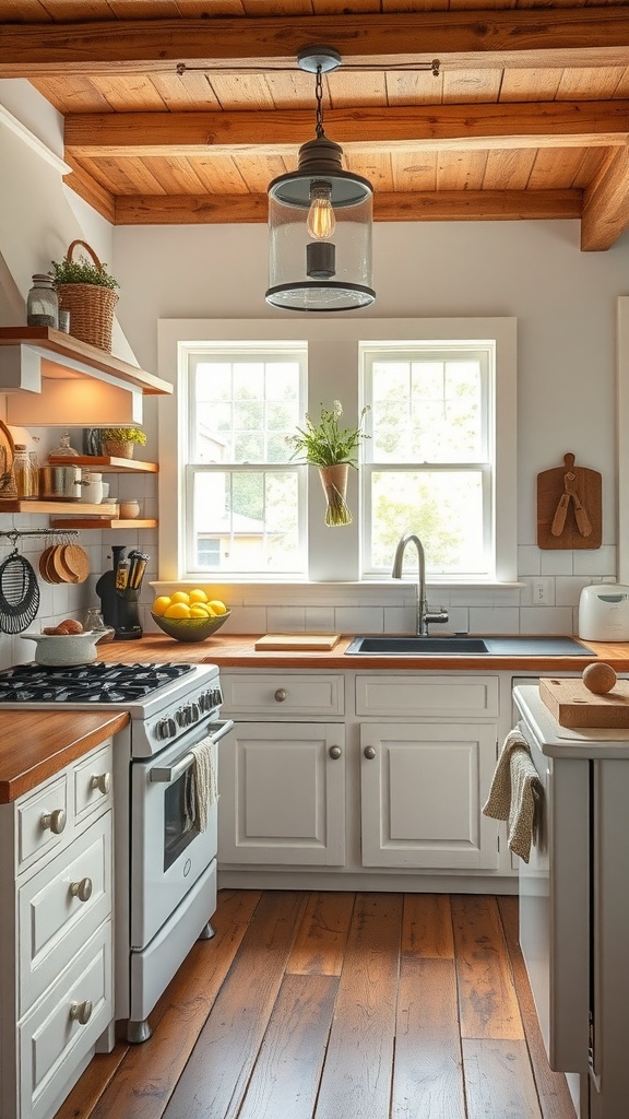 A bright kitchen featuring white cabinets, wooden countertops, and vintage lighting, embodying classic farmhouse style.