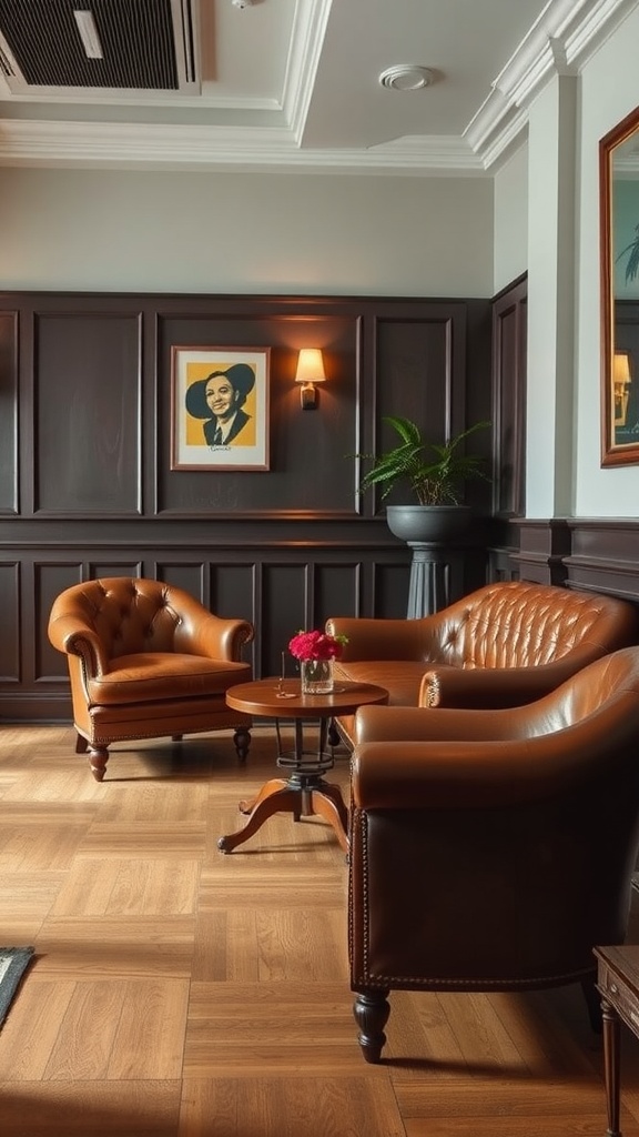 Cozy seating area with classic leather upholstered chairs and a wooden table, showcasing vintage decor.